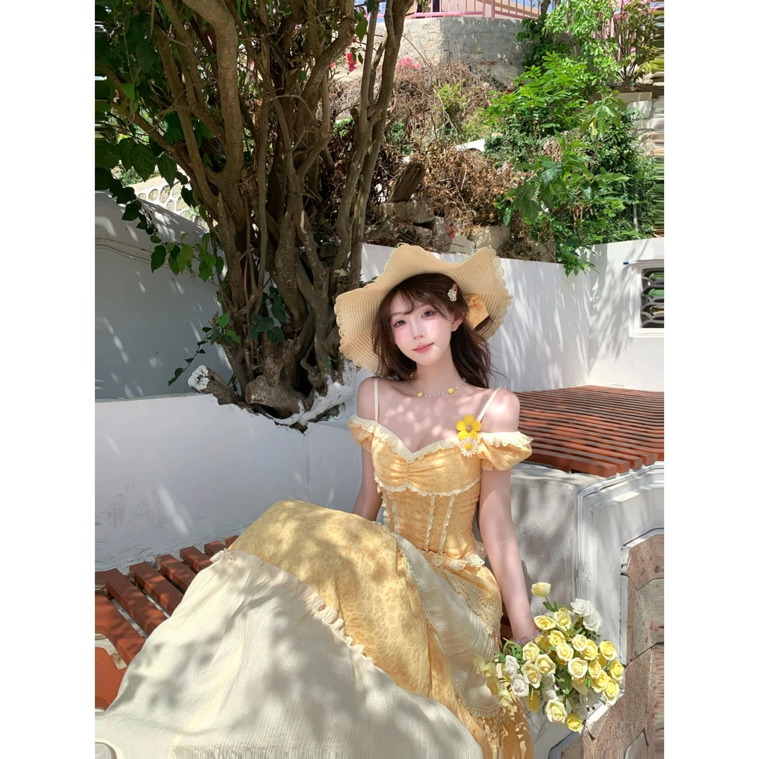 瑞茜·威瑟斯向日葵的花语 夏季宫廷重工显瘦拼接上衣半裙R3405-1W