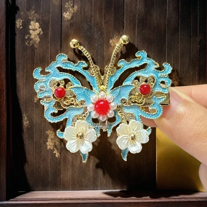 新中式国风夹子头饰发夹新款后脑勺珐琅彩砂牡丹边夹