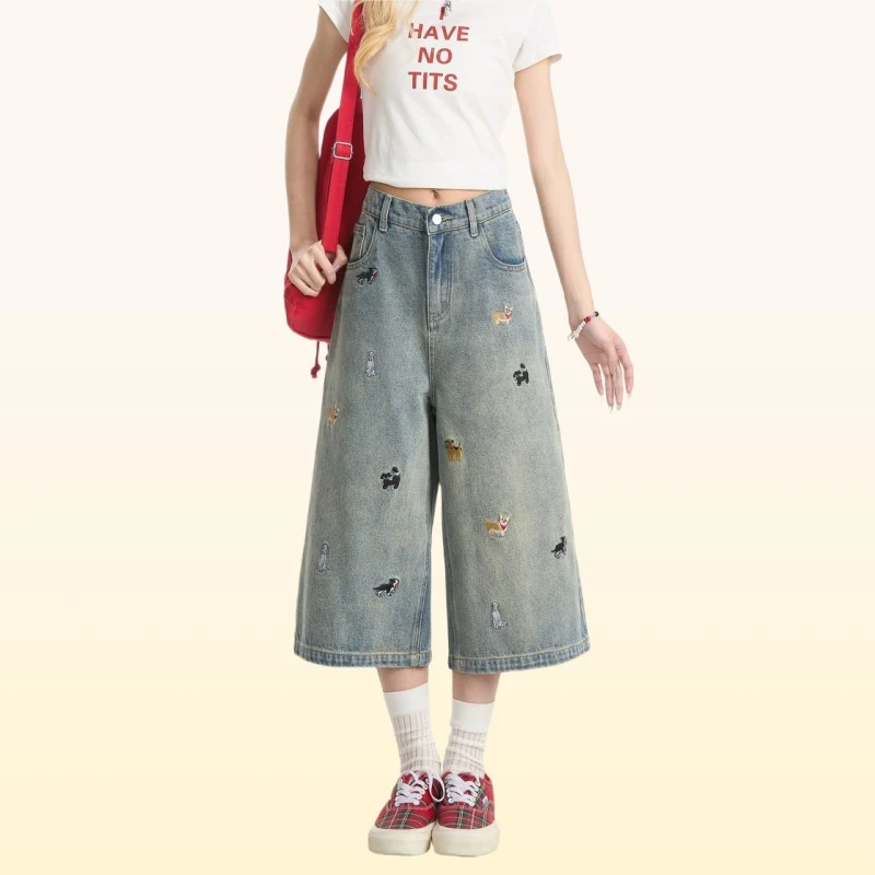 SDHMZ 创意小狗刺绣设计牛仔短裤男女夏季新款美式潮牌宽松七分裤