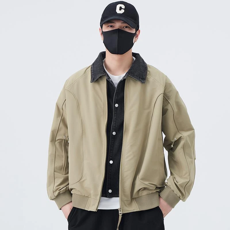 高级感假两件拼接牛仔夹克外套男秋季2025新款休闲男装翻领上衣