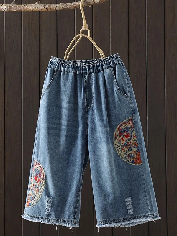 国风绣花裤子女松紧腰六分裤夏季薄2025新款阔腿裤宽松五分牛仔裤