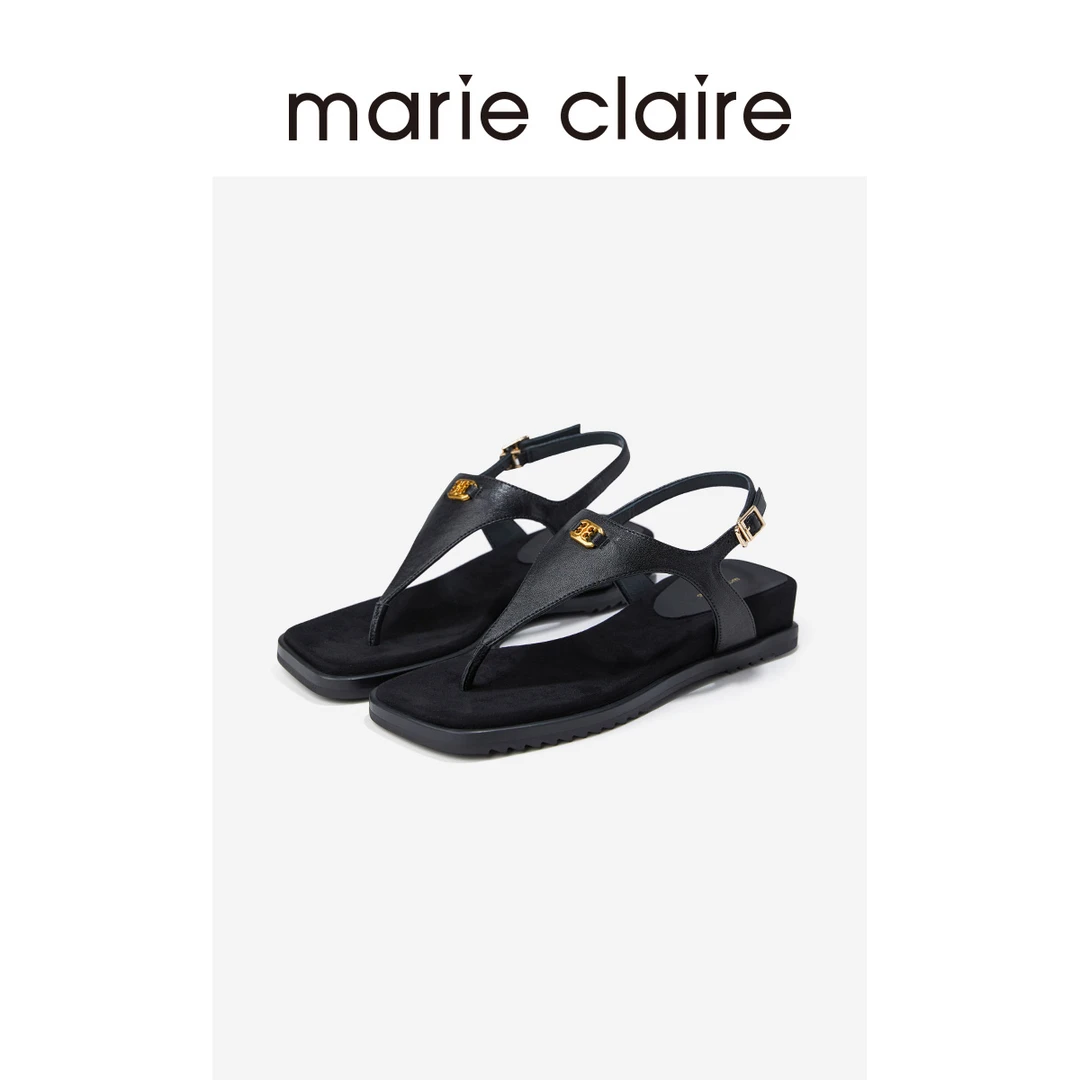 MC女鞋午夜巴黎黑羊皮方头人字mc扣凉鞋marieclaire女鞋