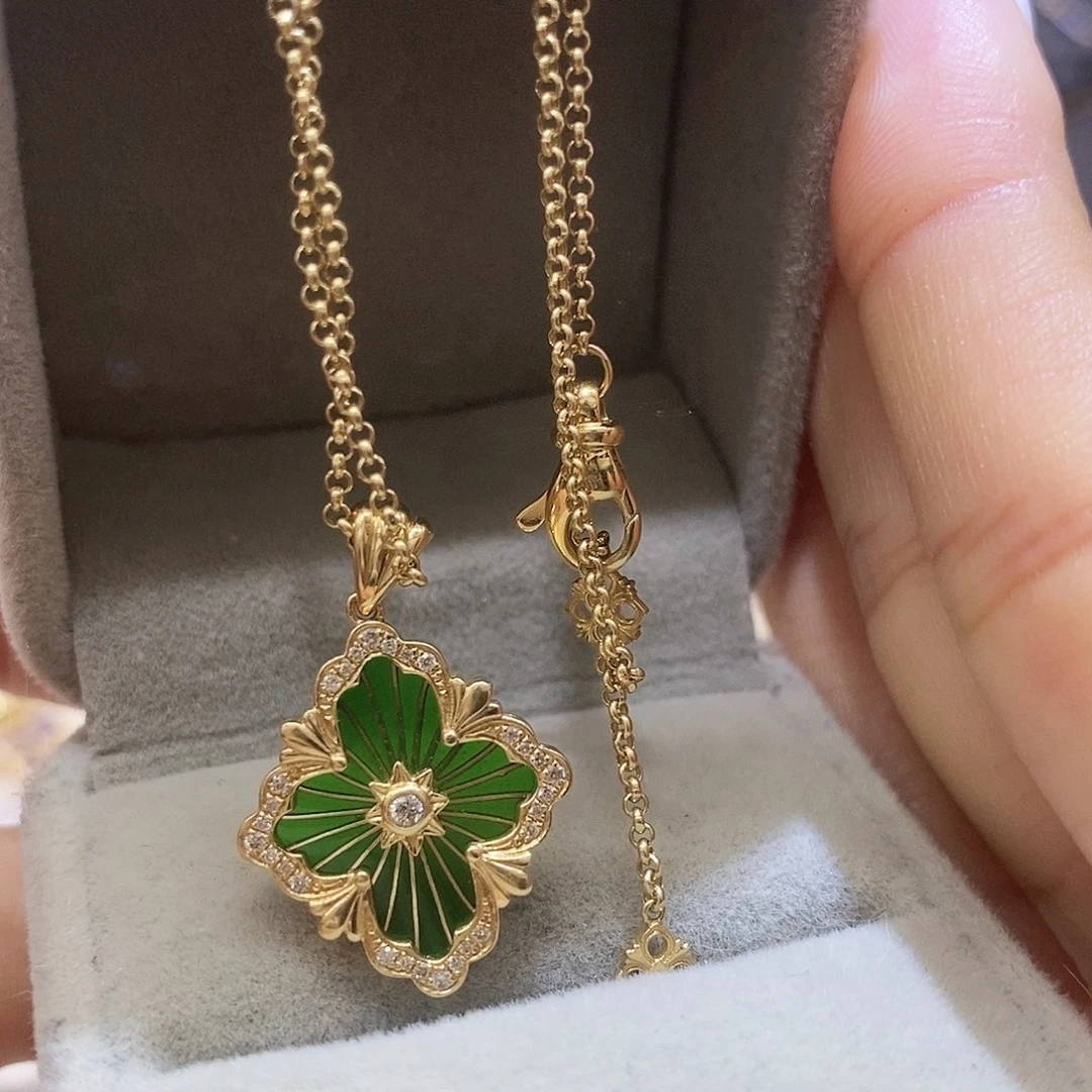 颈饰钻石18K金镶嵌歌剧院绿色珐琅单面钻中号项链