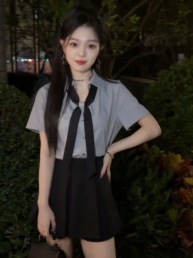 韩版宽松洋气休闲短袖V领配领带灰色衬衫半身裙短裙网红两件套潮
