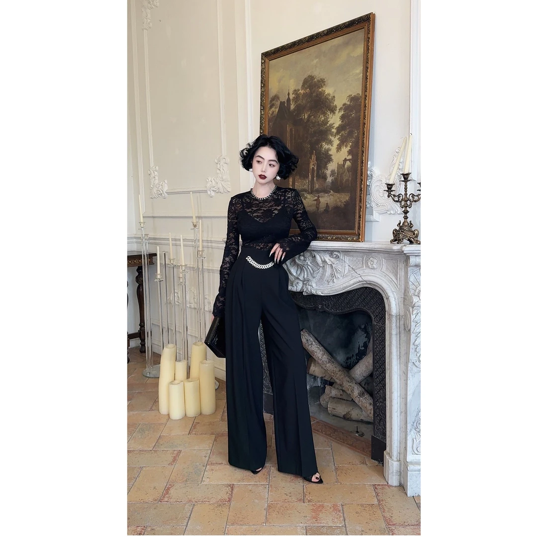 LYXJ【时髦聚焦】休闲裤2025春款设计师轻奢高腰设计感阔腿裤