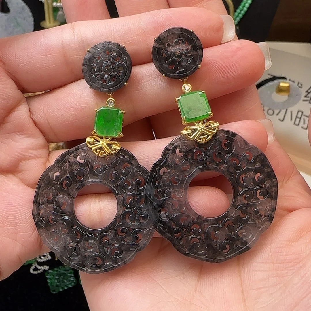 大***林银S925镶嵌翡翠耳饰耳钉款