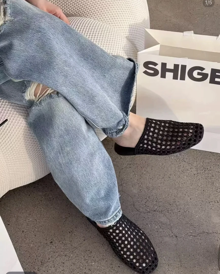 镂空（1309）平底包头编织平底极简风包头拖鞋透气舒适