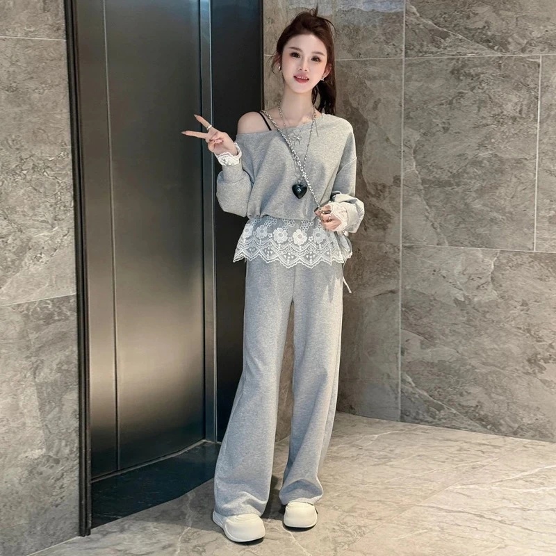 新款早秋穿搭一整套女装爆款蕾丝拼接卫衣运动阔腿裤套装两件套女