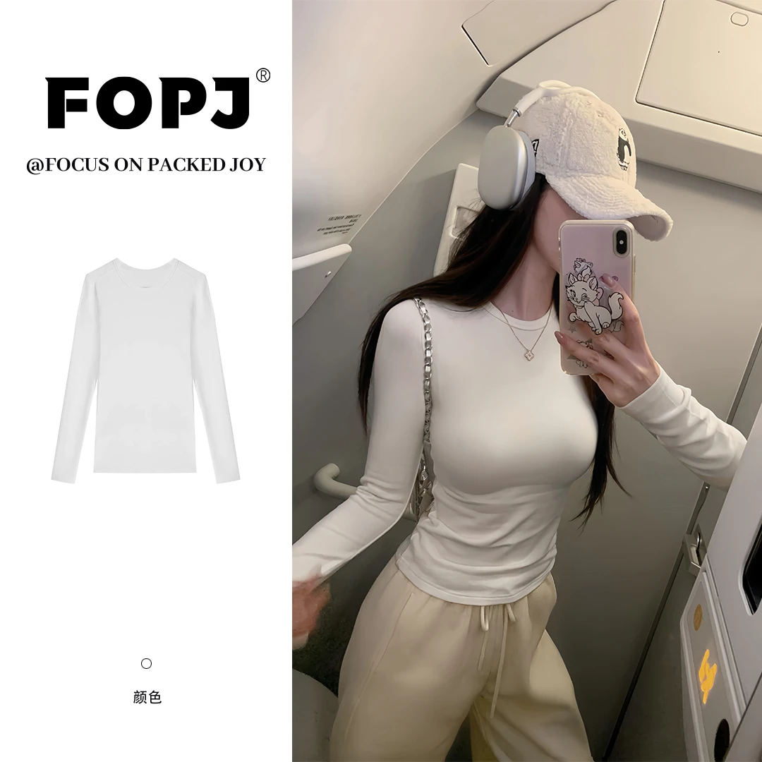 FOPJ韩版紧身女款春秋季显瘦时尚百搭长袖t恤圆领纯色打底上衣ins