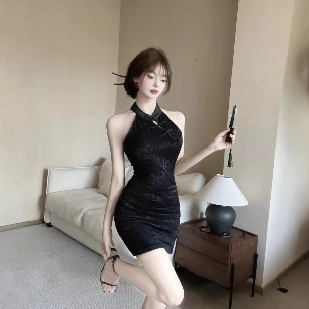 文性感改良短款挂脖旗袍黑色连衣裙打底下单包臀吊带蕾丝一件密
