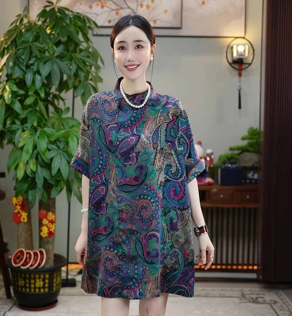 金禧禧【蓝腰果】香云纱花罗短袖裙CCY2204302-6