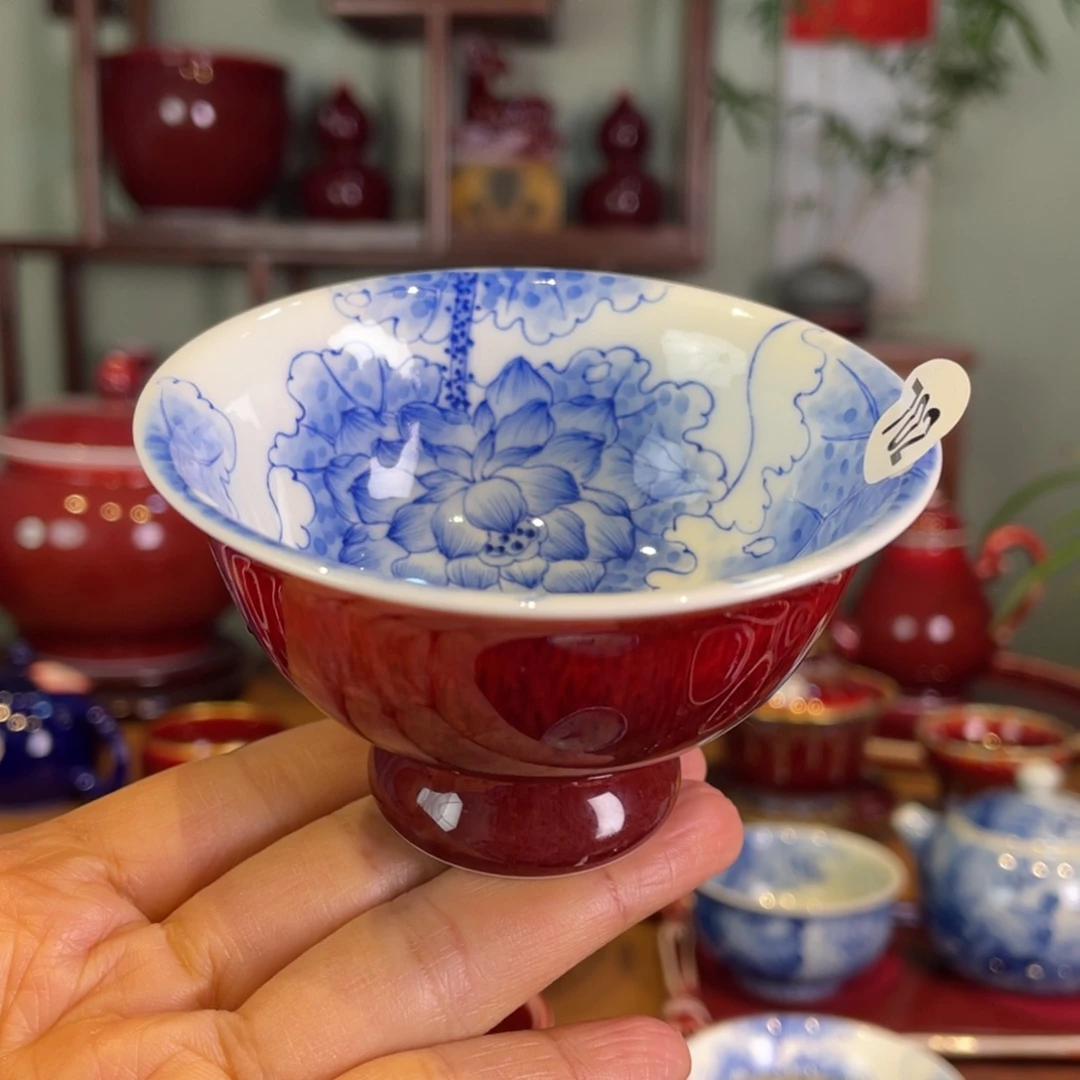 清欢雅玩原矿郎红内绘荷花玉兰杯