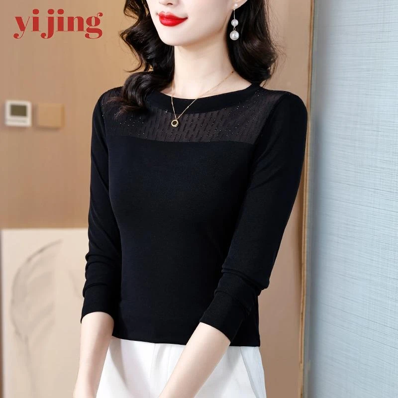黑色蕾丝打底衫女秋冬季2025年新款修身洋气内搭长袖t恤网纱上衣