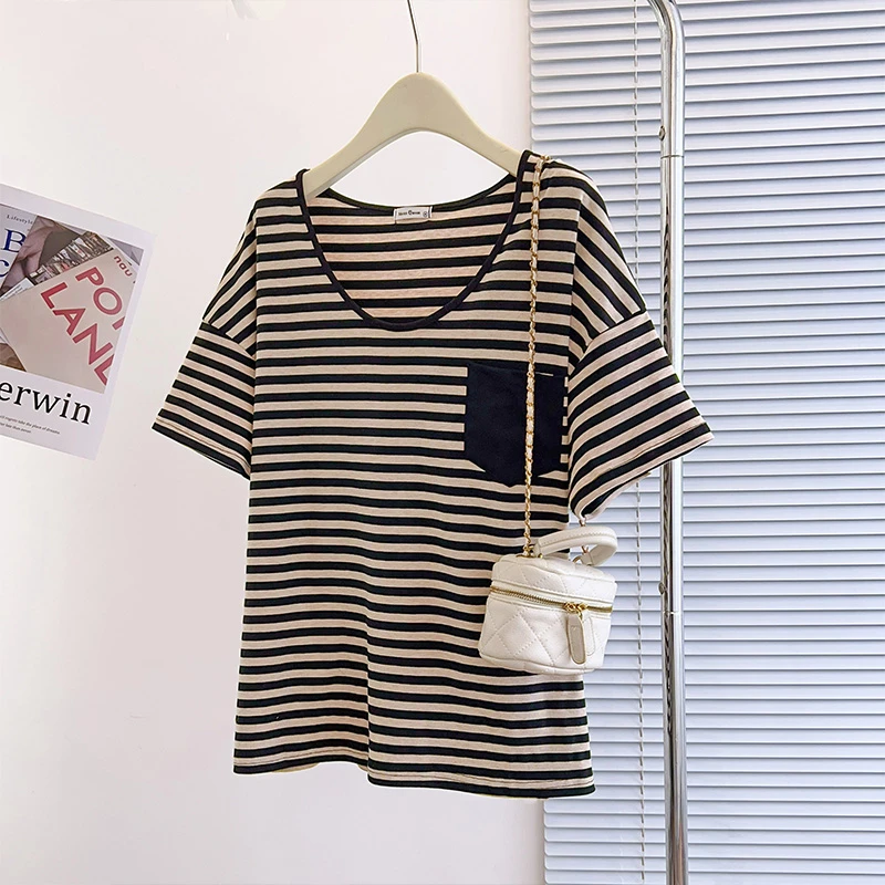 Moses Queen/魔西女王大码女装松弛感撞色U领短袖t恤休闲显瘦上衣