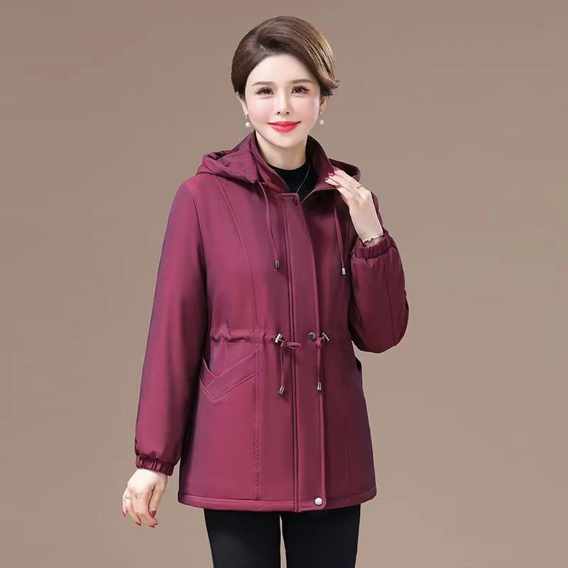 【羽墨】金2213连帽加绒派克服气质妈妈装秋冬加厚中长款防风外套