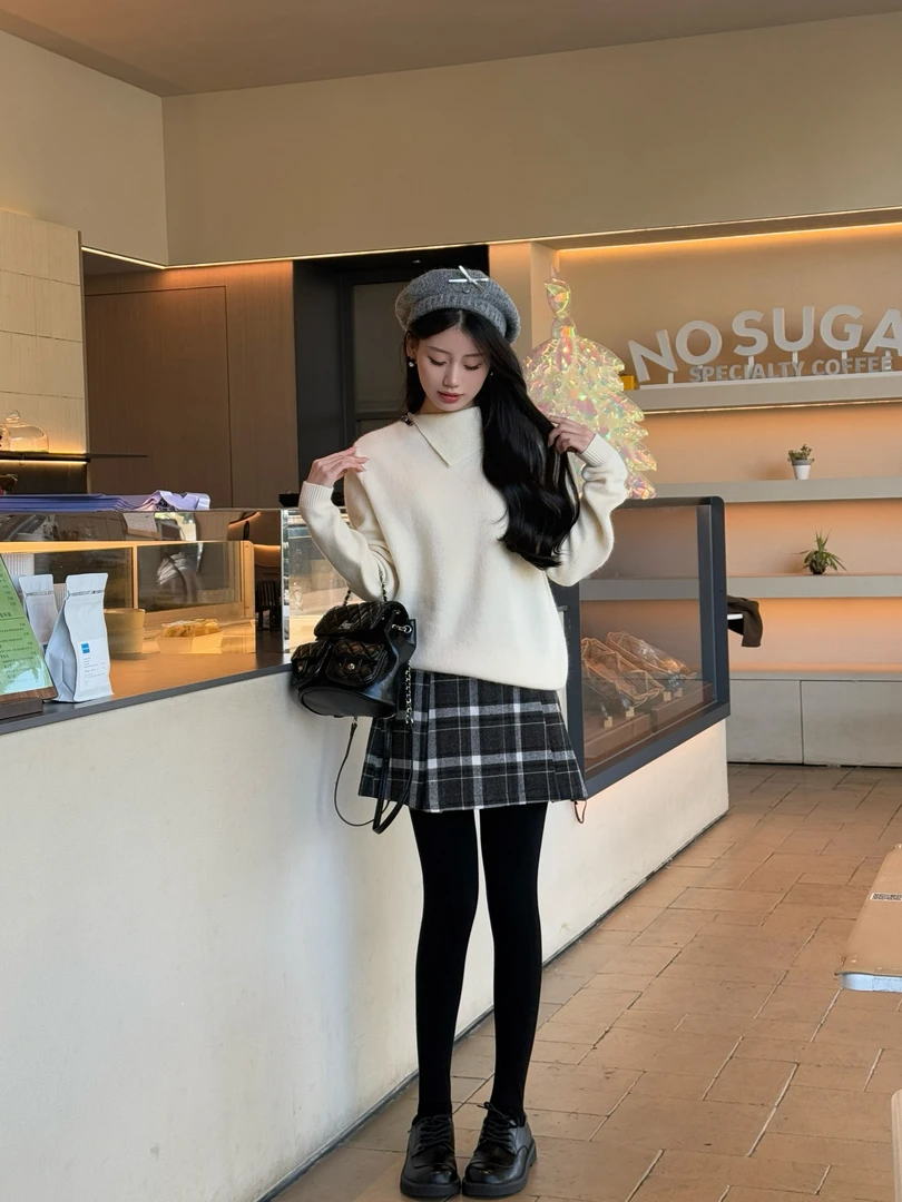 时尚套装棋盘格宽松秋冬加厚套头时尚格子百搭外穿卫衣圆领