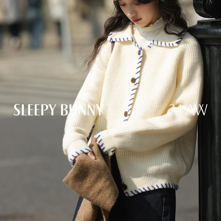 D瞌睡兔【清苍】北极绒撞色毛衣女宽松减龄开衫保暖软糯上衣246385