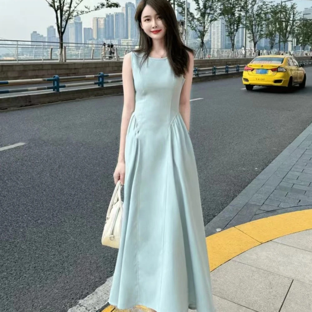 法式圆领无袖背心连衣裙夏季轻奢气质收腰A字长裙(13杆)24058