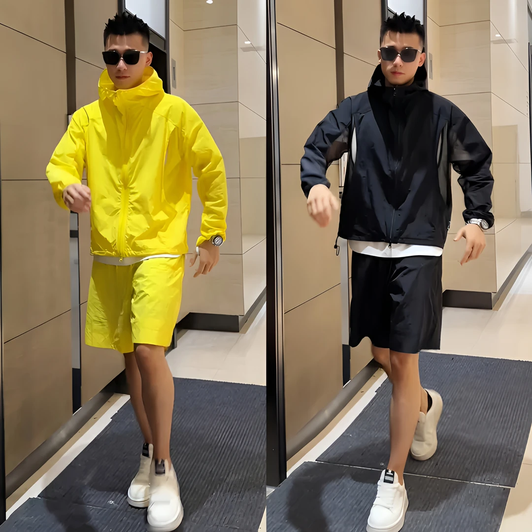 潮流轻薄透气网眼时尚连帽防晒套装男女同款男士痞帅工装套装宽松