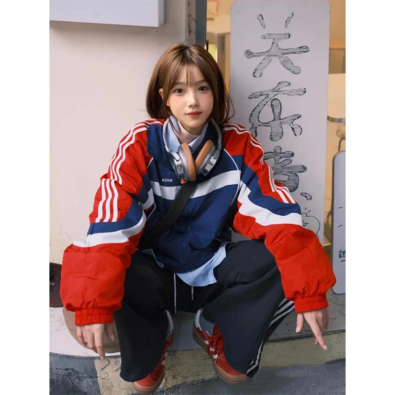 KSKM红色棒球服外套女2025春秋新款美式复古撞色设计休闲情侣夹克