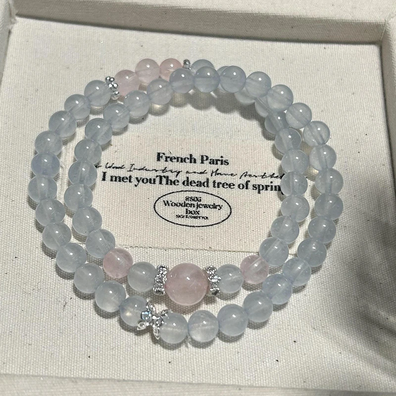 天然冰透海蓝宝水晶顶珠粉水晶轻奢精致双圈手串