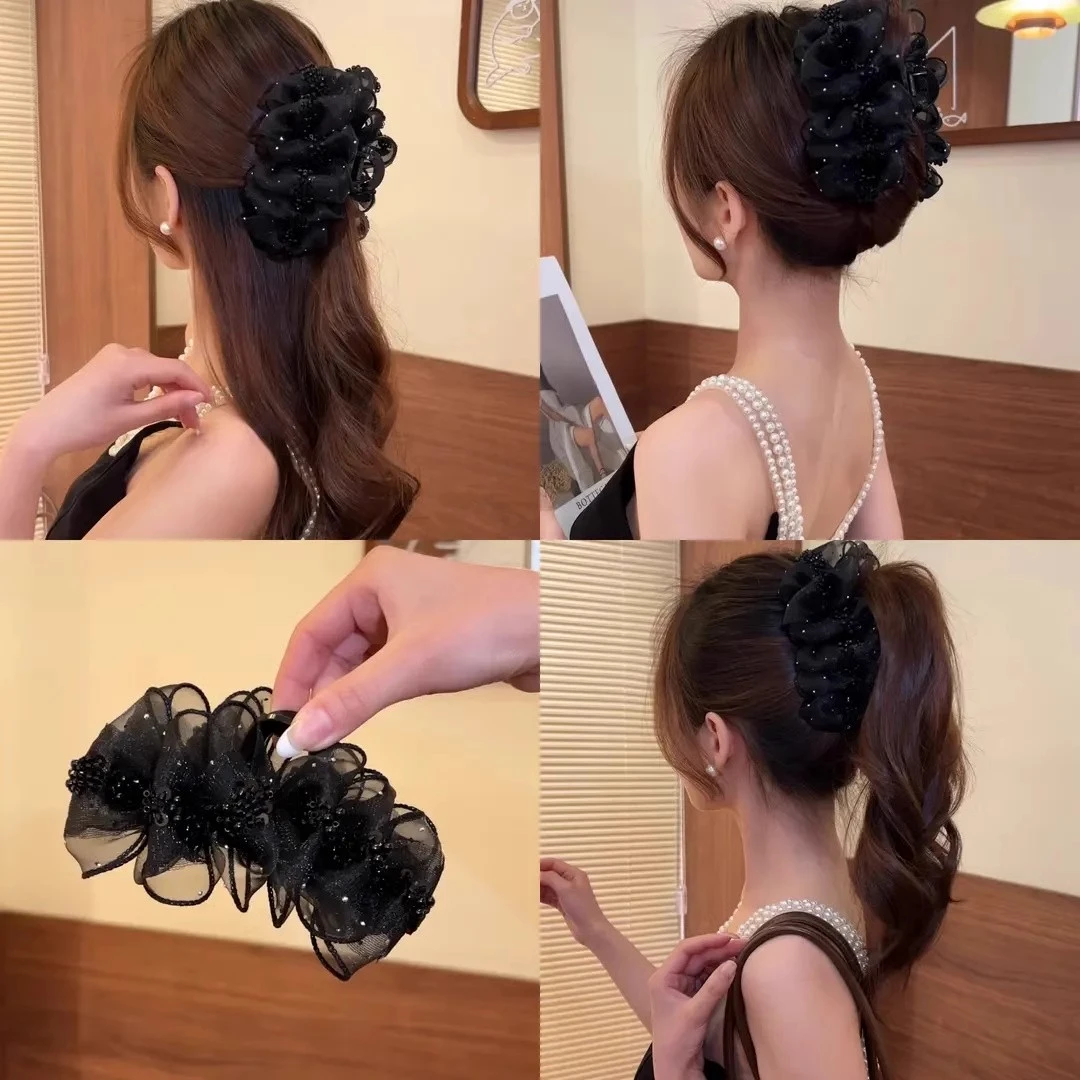 网纱褶皱满天星抓夹女春夏气质后脑勺盘发鲨鱼夹时尚百搭闪钻发夹