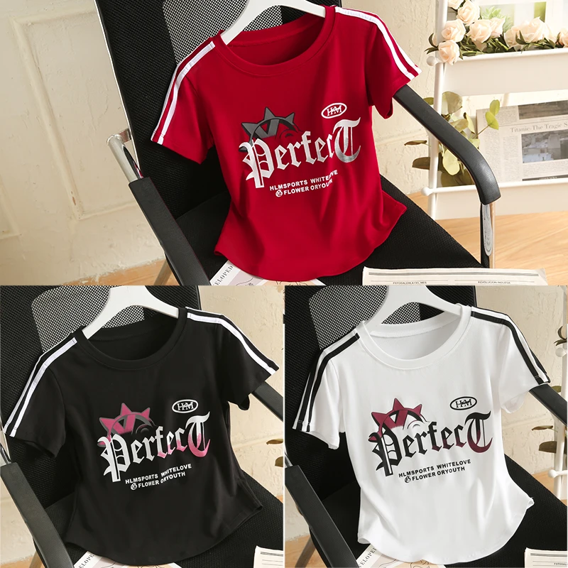 新款广场舞印花圆领拉条T恤休闲显瘦时尚百搭短袖上衣