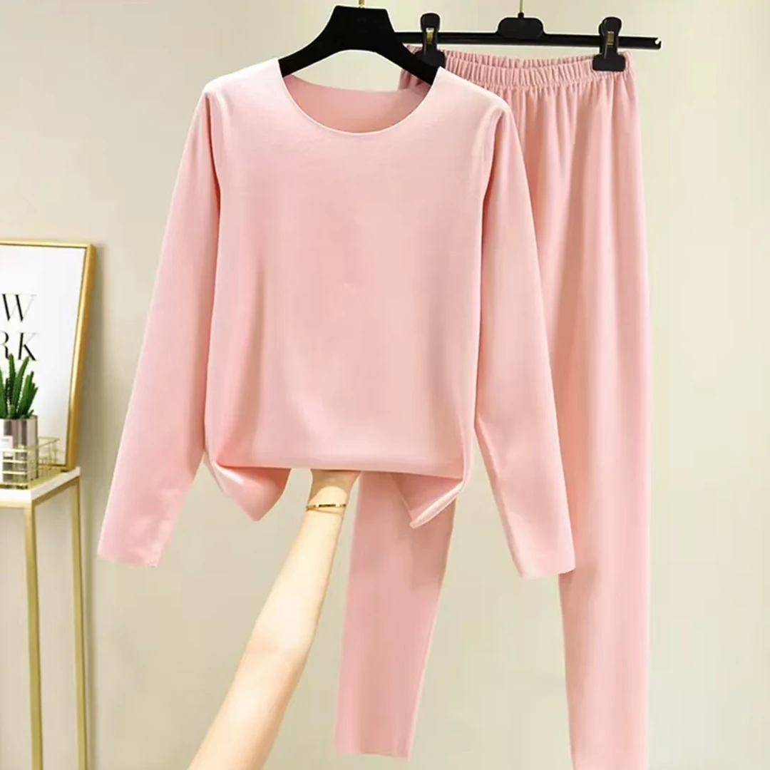 【特价】女纯色无痕保暖春秋内搭圆领松紧腰套装秋衣打底C-CL542