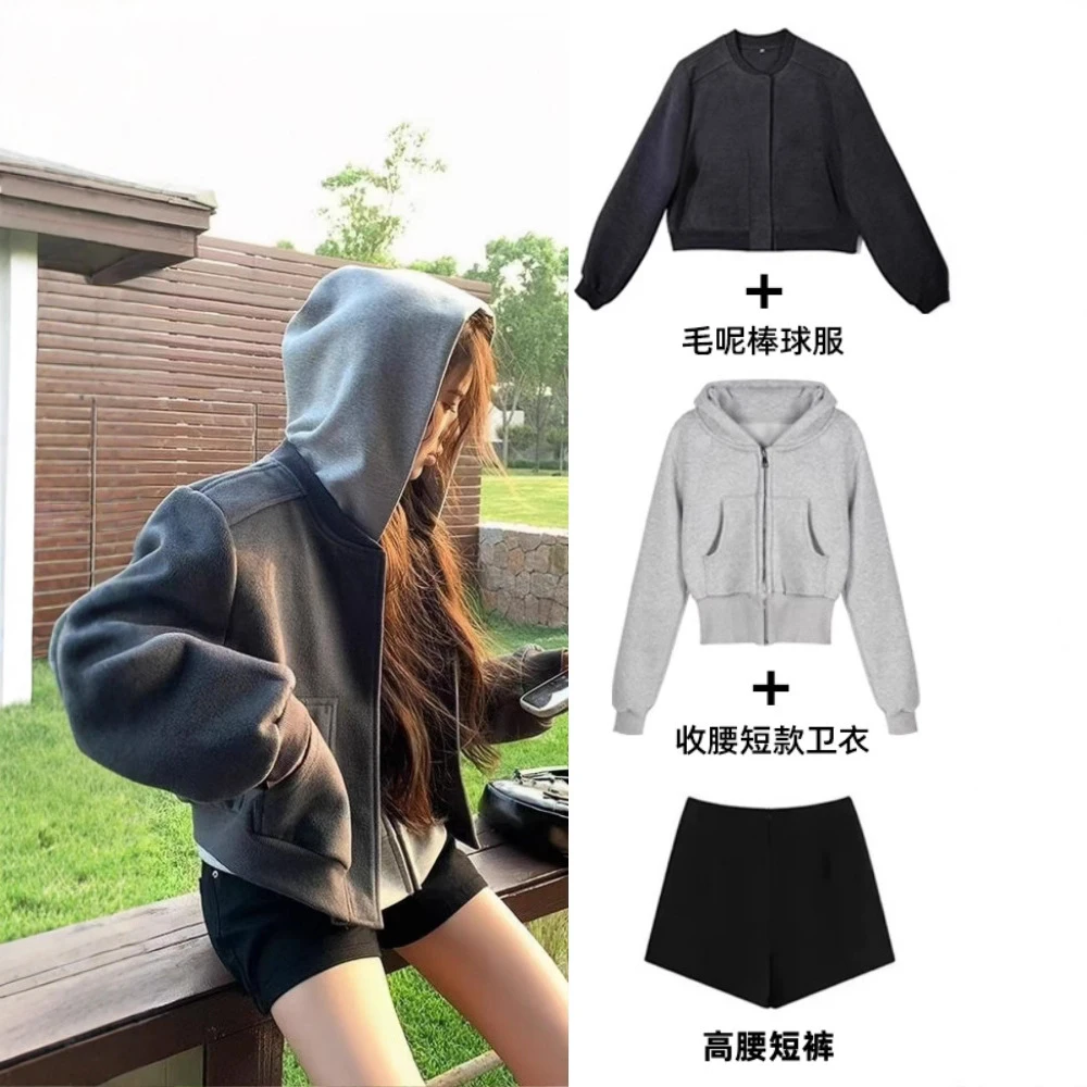 灰色短款棒球服外套女休闲运动套装秋季2025新款卫衣短裤两件套韩