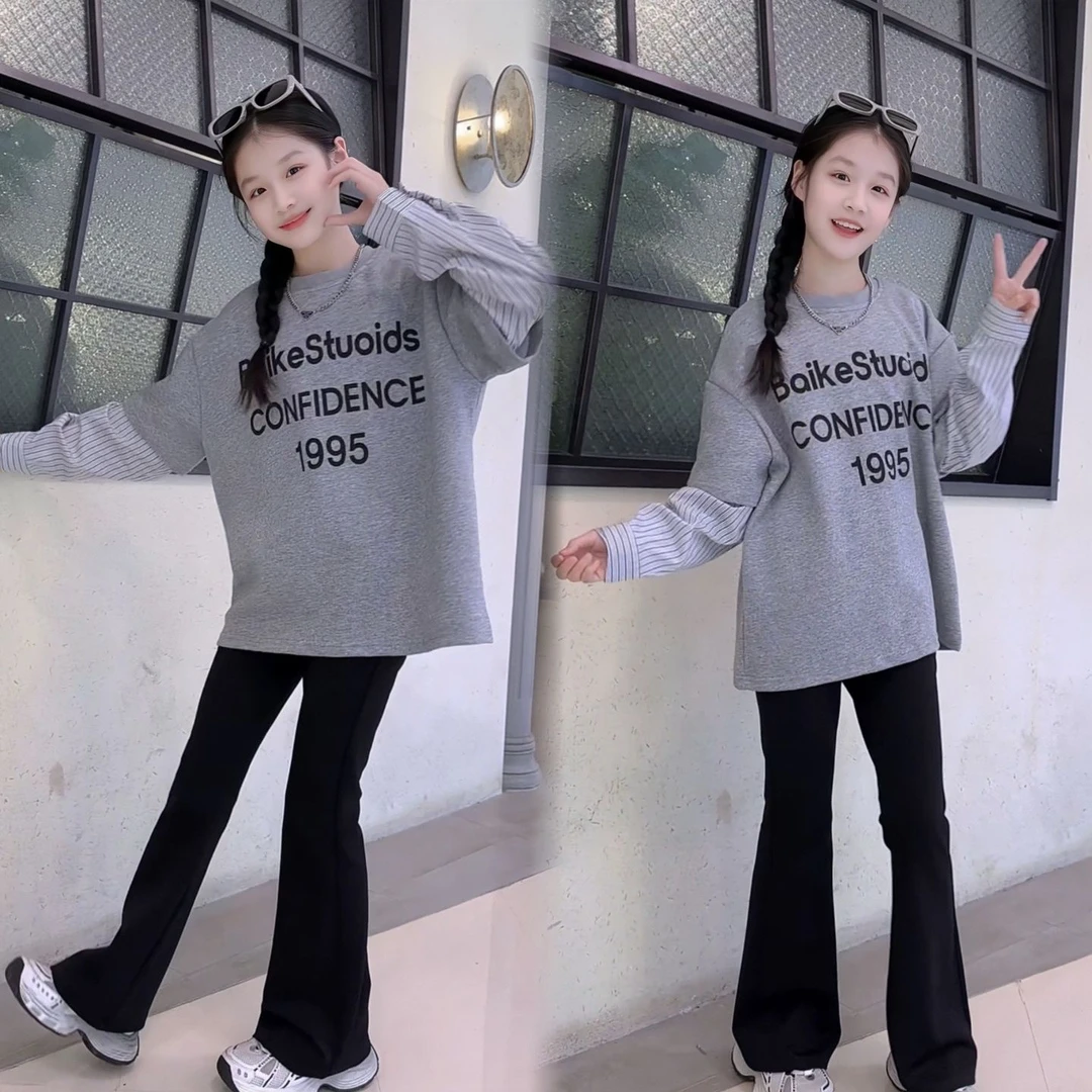 亲子款女大童春套装2025新款爆款女孩假两件上衣+微喇叭裤两件套8