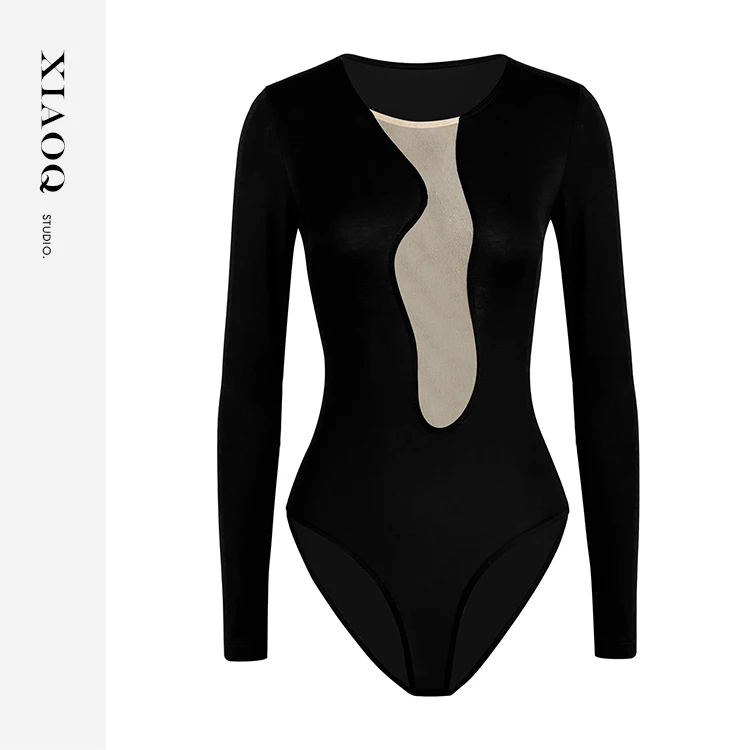 【小Q家】97014设计感网纱拼接弹力连体衣T