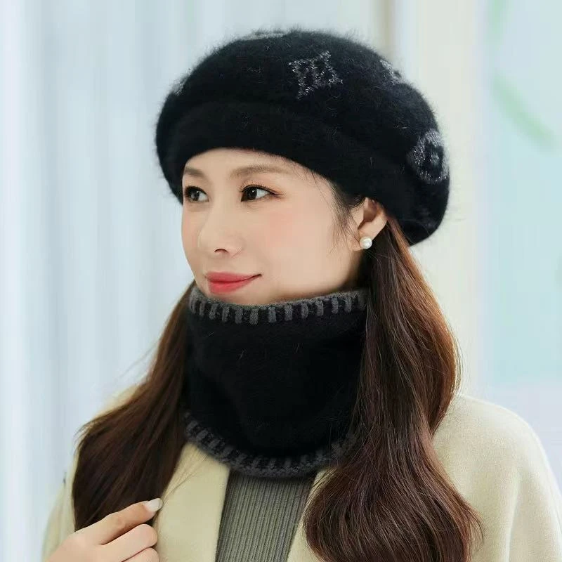 兔毛帽子女冬季时尚毛线帽蓓蕾帽中老年妈妈保暖针织帽加厚贝雷帽