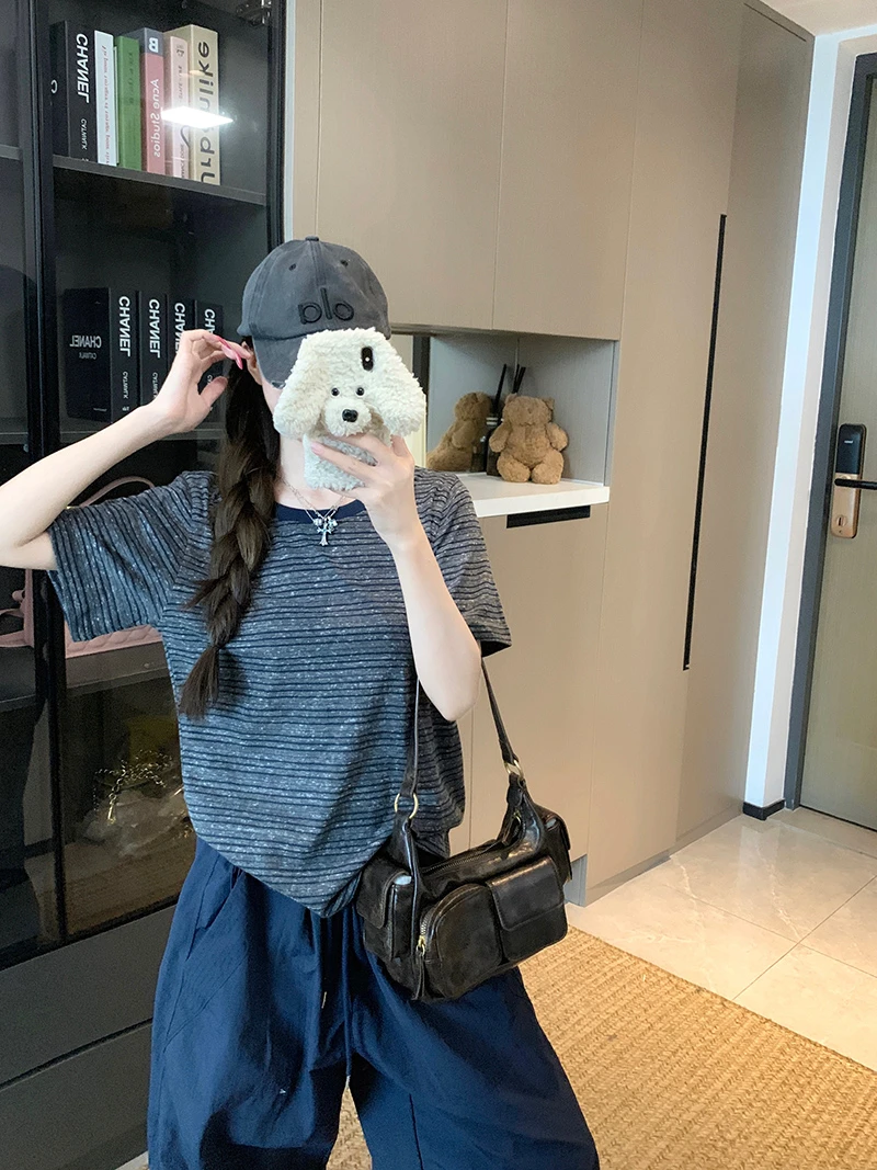 短袖t恤夏2025新款设计感洋气美式条纹撞色圆领上衣大码女装