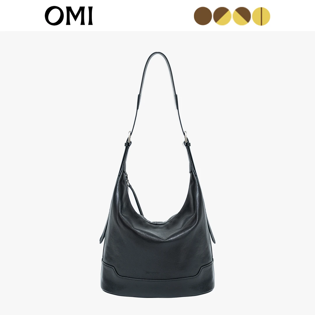 OMI/欧米秋冬新款植鞣头层胎羊皮水桶包塌塌包斜跨简约黑色通勤