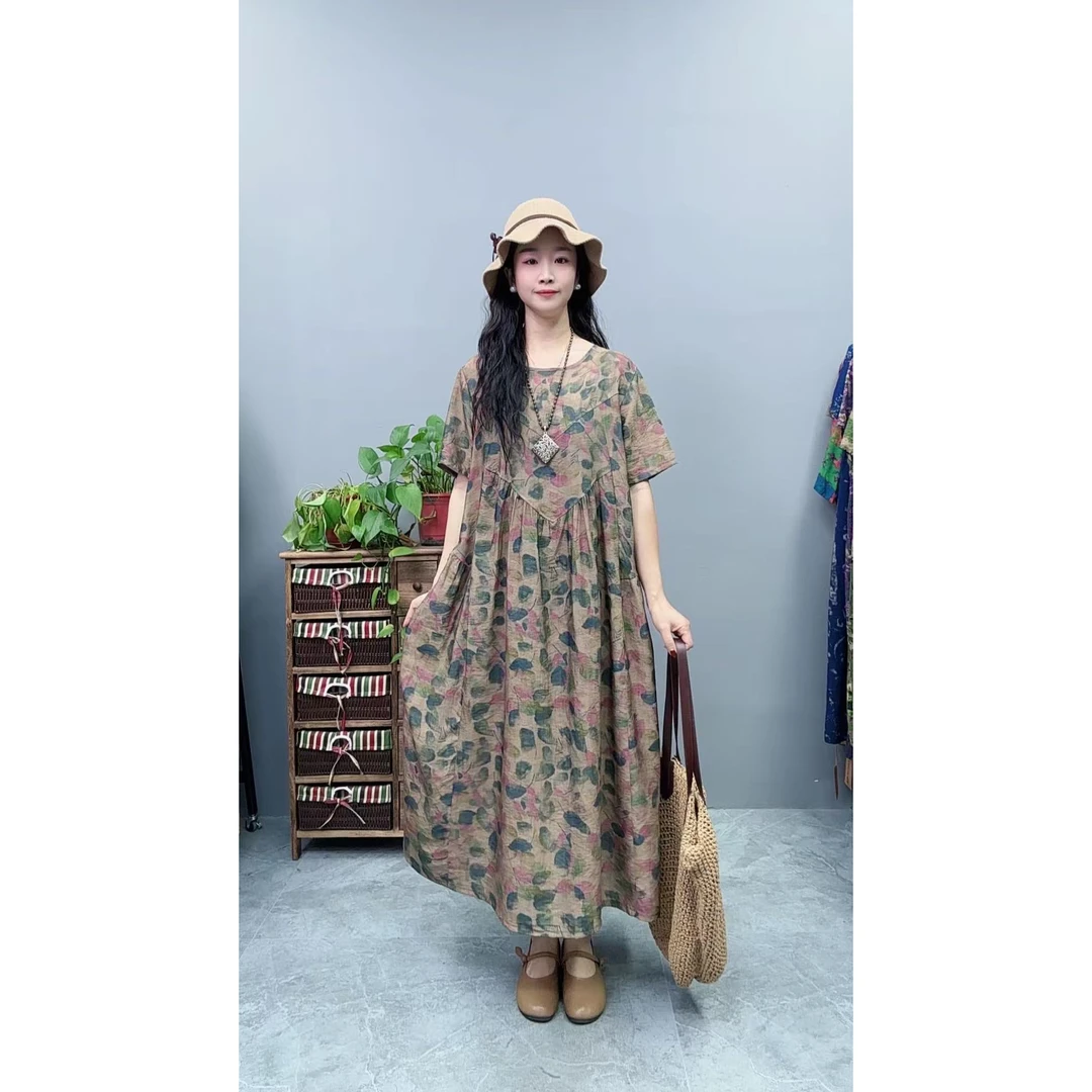 5009夏季新款清凉气质时尚复古遮肚宽松女显瘦百搭圆领休闲连衣裙