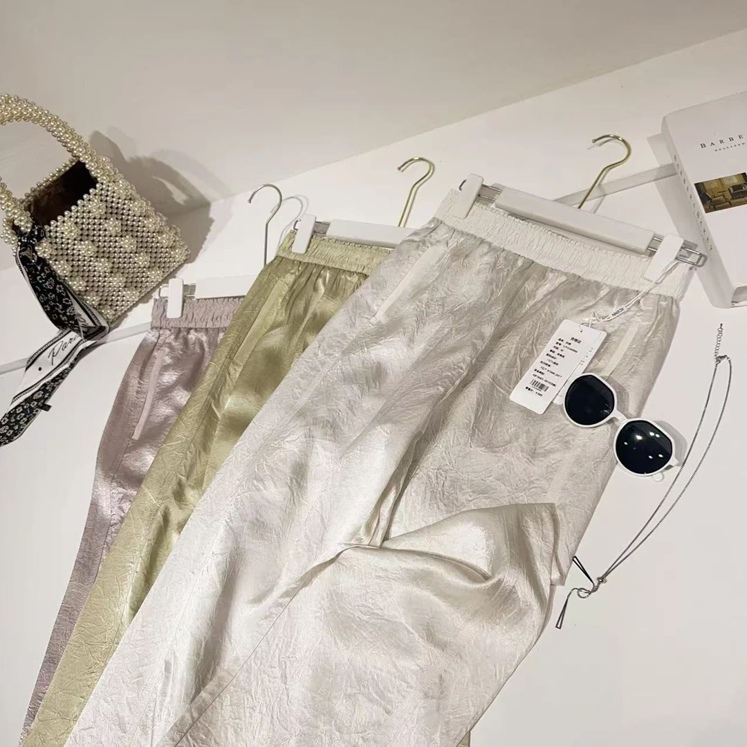 YN M腰66-88长102光泽高级感丝滑肌理感松紧腰休闲裤长裤 9848