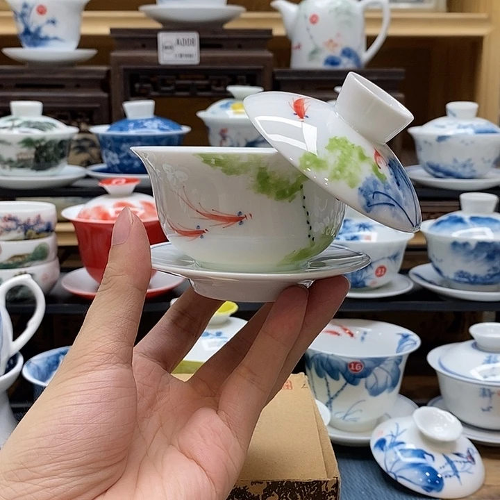 手绘五彩荷花盖碗悬停150cc釉下彩微瑕福利款