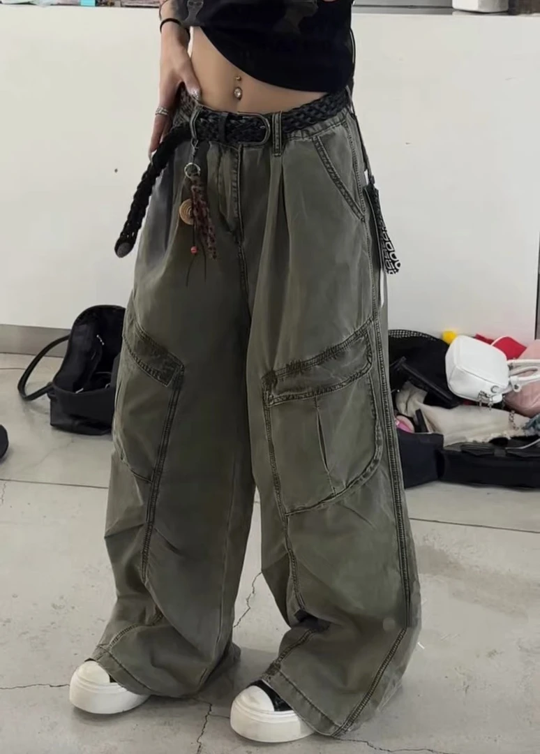 美式高街复古工装裤牛仔裤女夏高腰宽松阔腿裤休闲裤直筒裤长裤