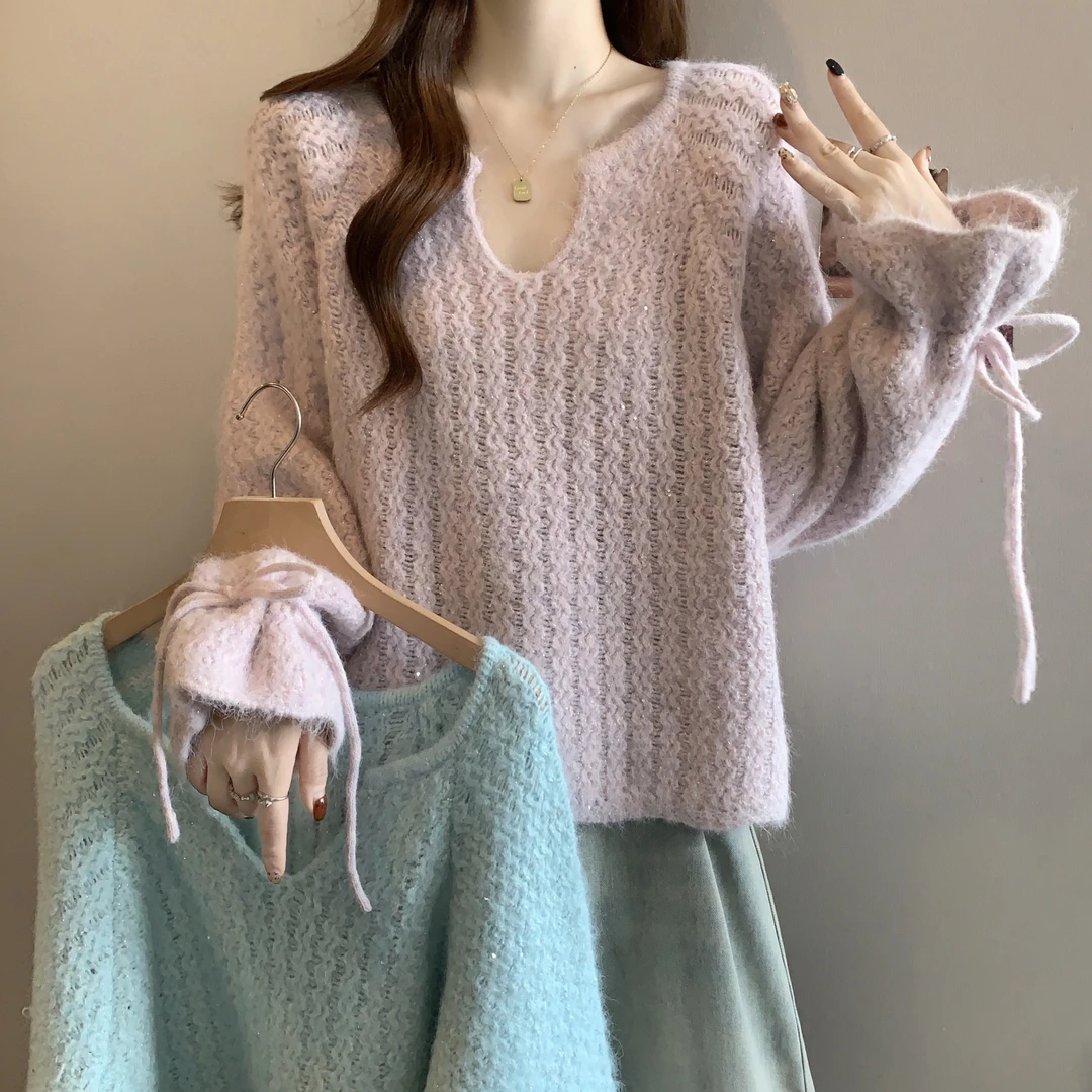 早秋2025新款巨好看蓝色毛衣大码女装胖mm松弛感遮肚套头针织上衣