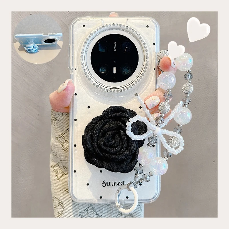 适用华为mate70pro+手机壳水钻镜框波点Mate60pro+蕾丝花朵支架女