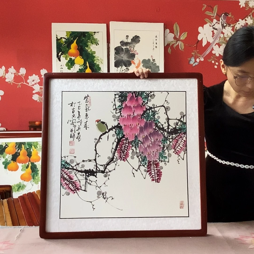国画手写手绘国画作品带框包邮62✖️62