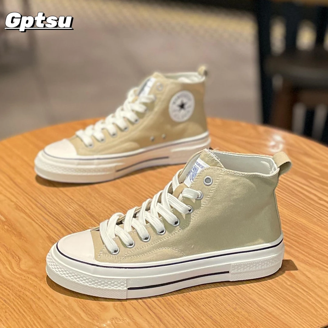 GPTSu高帮帆布鞋新款布鞋女夏季薄款平底系带百搭休闲运动板鞋女