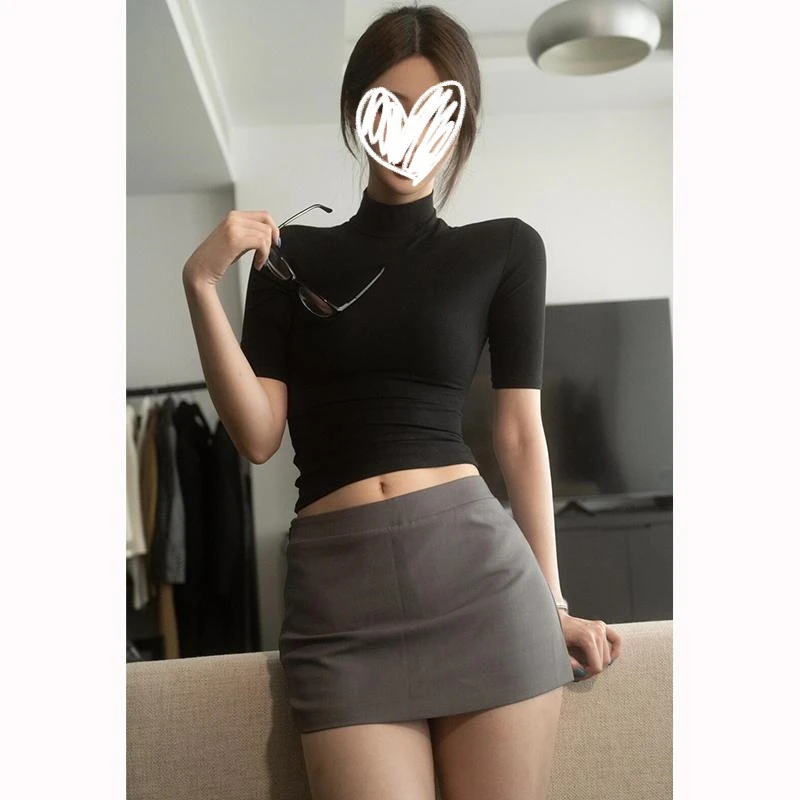 现货！秋季美式复古百搭高领中袖短款露脐T恤性感紧身显瘦黑色上衣