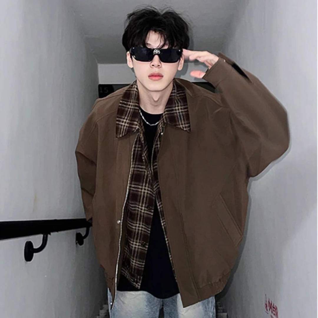 古着vintage棕色外套男春秋美拉德穿搭假两件夹克翻领短款棒球服