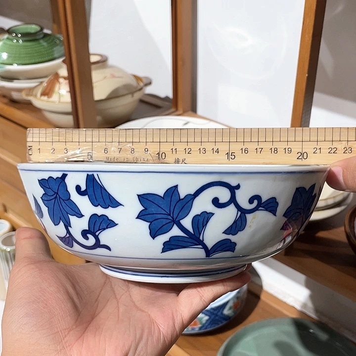 紫砂179手写款满绘釉下青花超大汤盆，微划痕