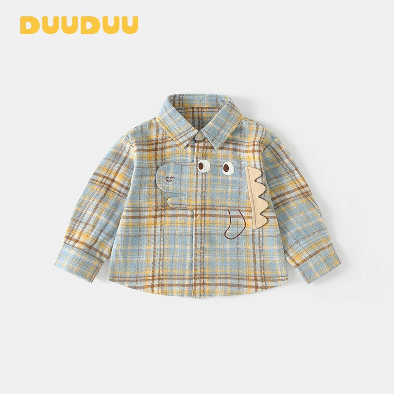 【DUUDUU童装】2025年秋季新款ins风小恐龙格纹卡通衬衣长袖外出服