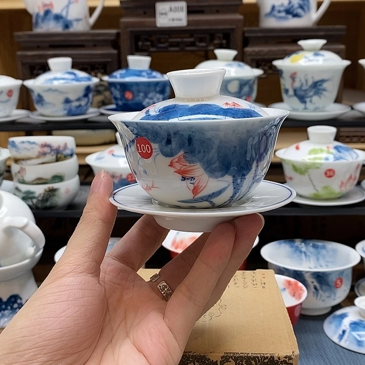 手绘荷花盖碗130cc釉下彩微瑕福利款