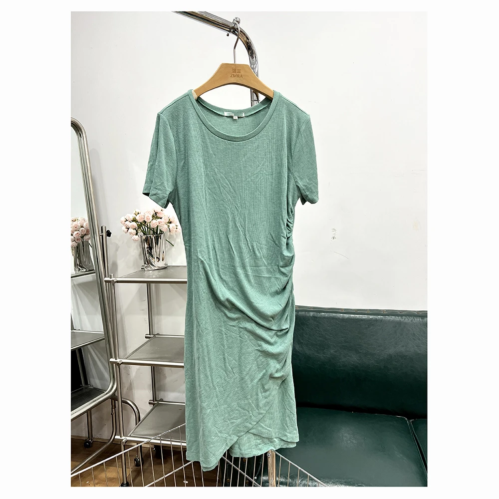 ML6585 夏季新款宽松中长款开叉下摆圆领短袖连衣裙