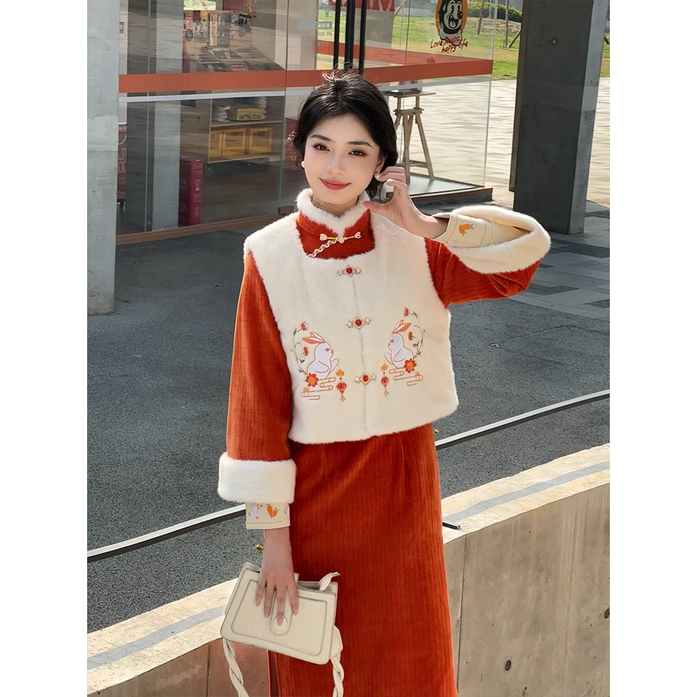 旗袍套装冬季加绒厚马甲过年战袍女成人拜年服新中式唐装国风汉服