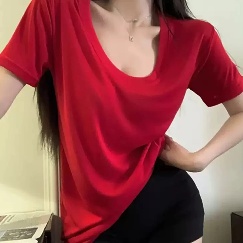 2025新款纯欲辣妹红色女夏季中长款纯色显瘦半袖上衣短袖T恤性感